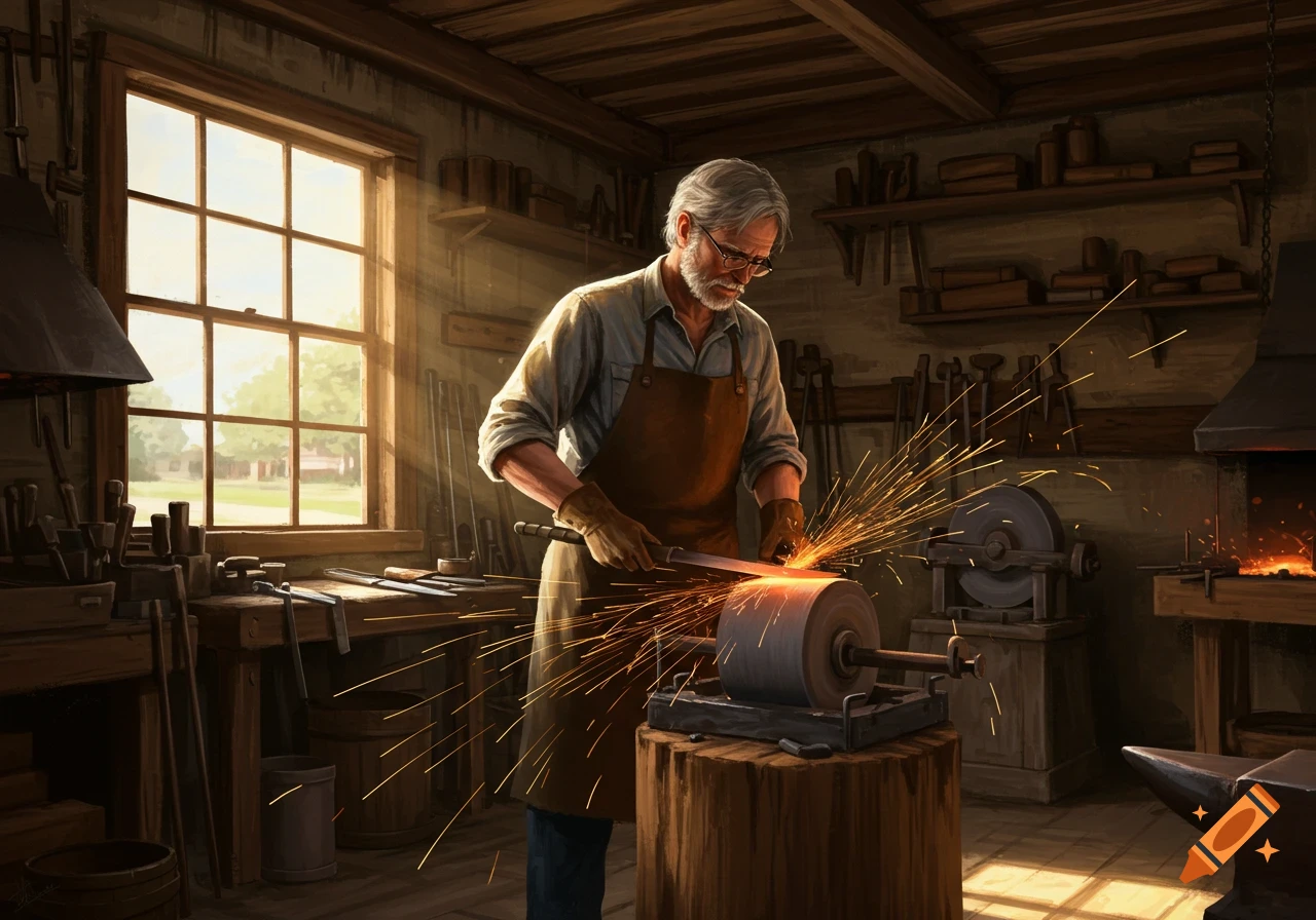 A man in a rustic workshop sharpening a knife on a grinding wheel, sparks flying as sunlight streams through a window.