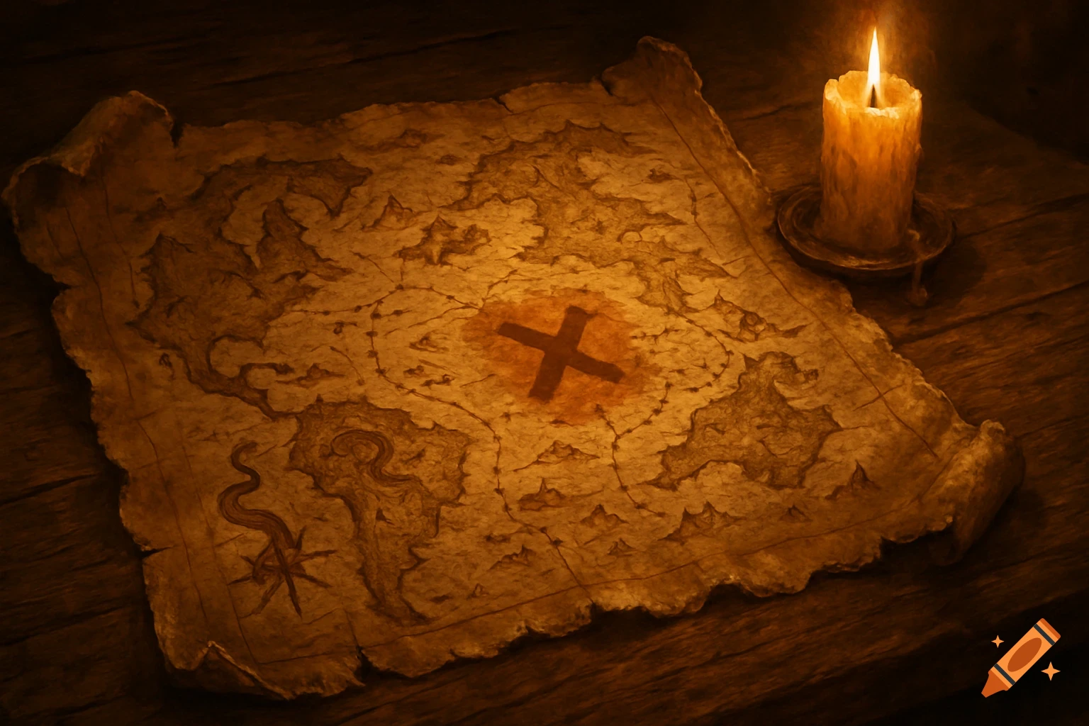 Old, tattered treasure map with a red X, illuminated by a burning candle on a wooden table.