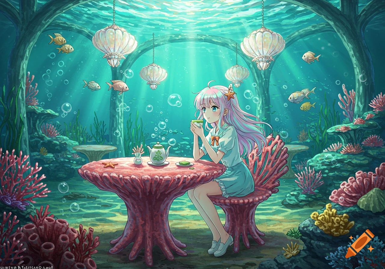 Anime girl enjoys matcha in a vibrant underwater cafe with coral furniture and glowing lanterns, surrounded by fish and sea plants.