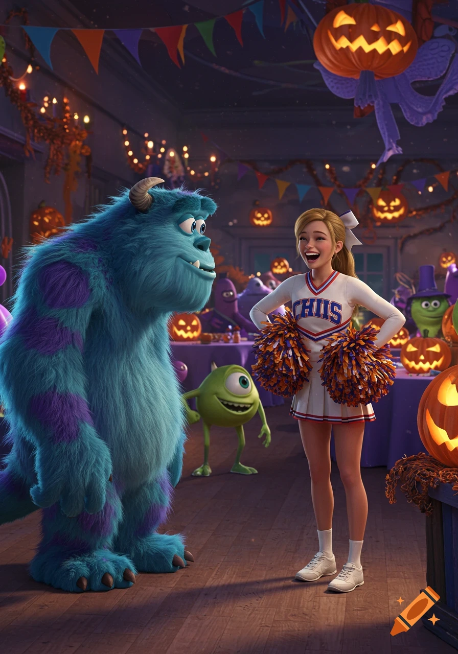 CGI animation of Sulley and Mike Wazowski from Monsters Inc. with a smiling blonde cheerleader at a Halloween party.