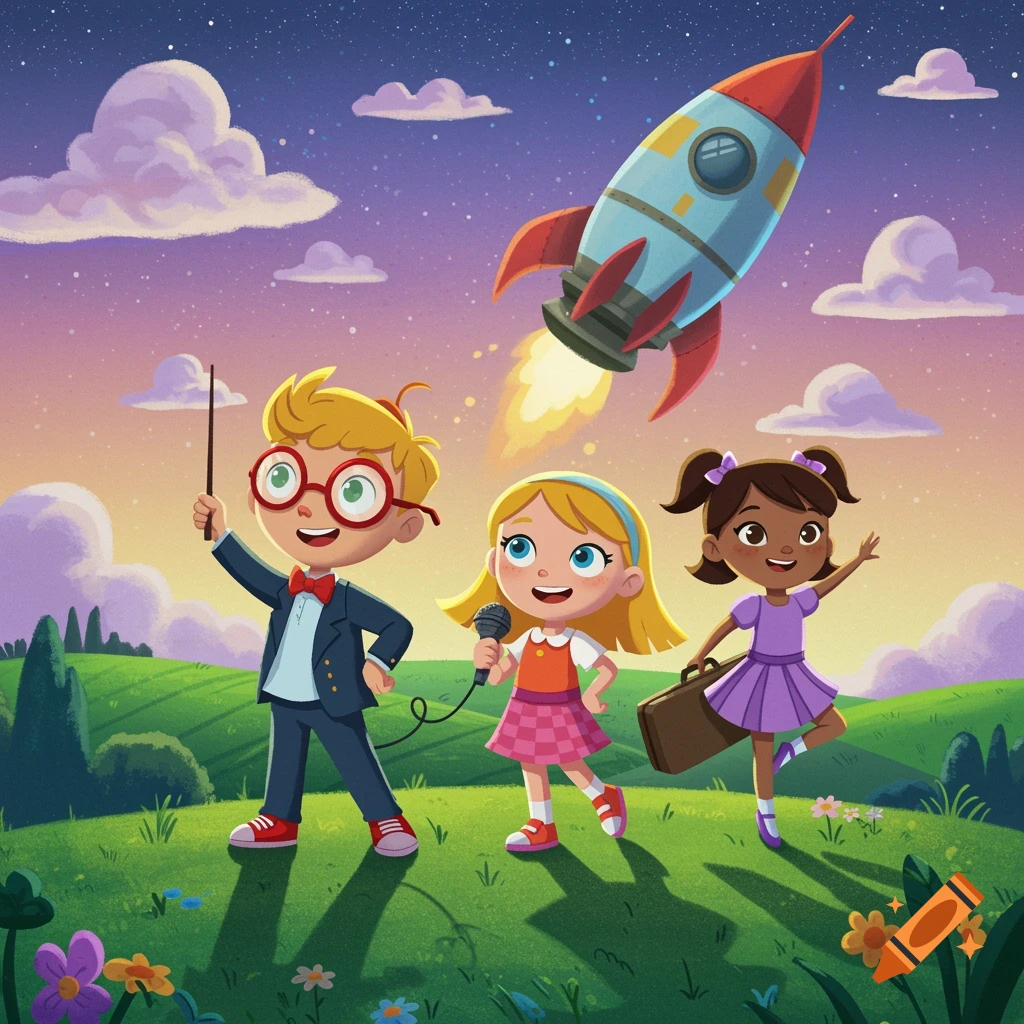 A vibrant cartoon illustration of three diverse children on a grassy hill with a rocket taking off in the background, under a starry dusk sky.
