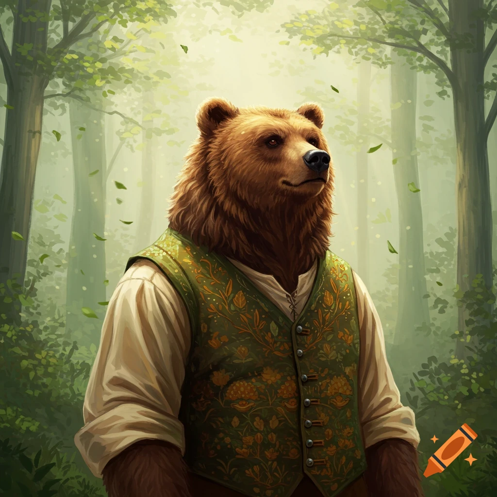 An anthropomorphic bear wearing an embroidered green vest and white shirt stands in an ethereal forest, looking up. Illustration style.