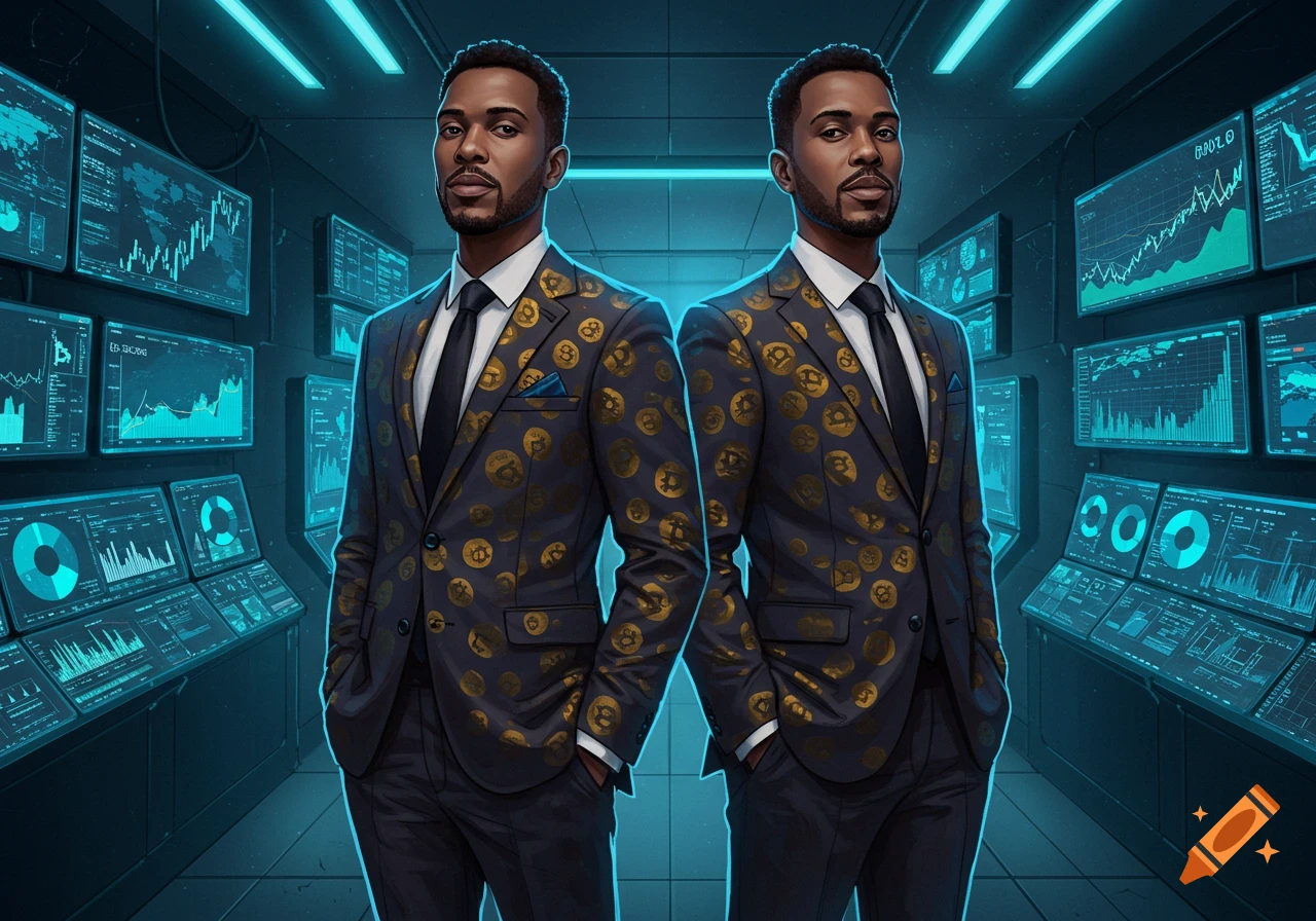 Two identical men in Bitcoin-patterned suits stand in a futuristic control room with glowing data screens.