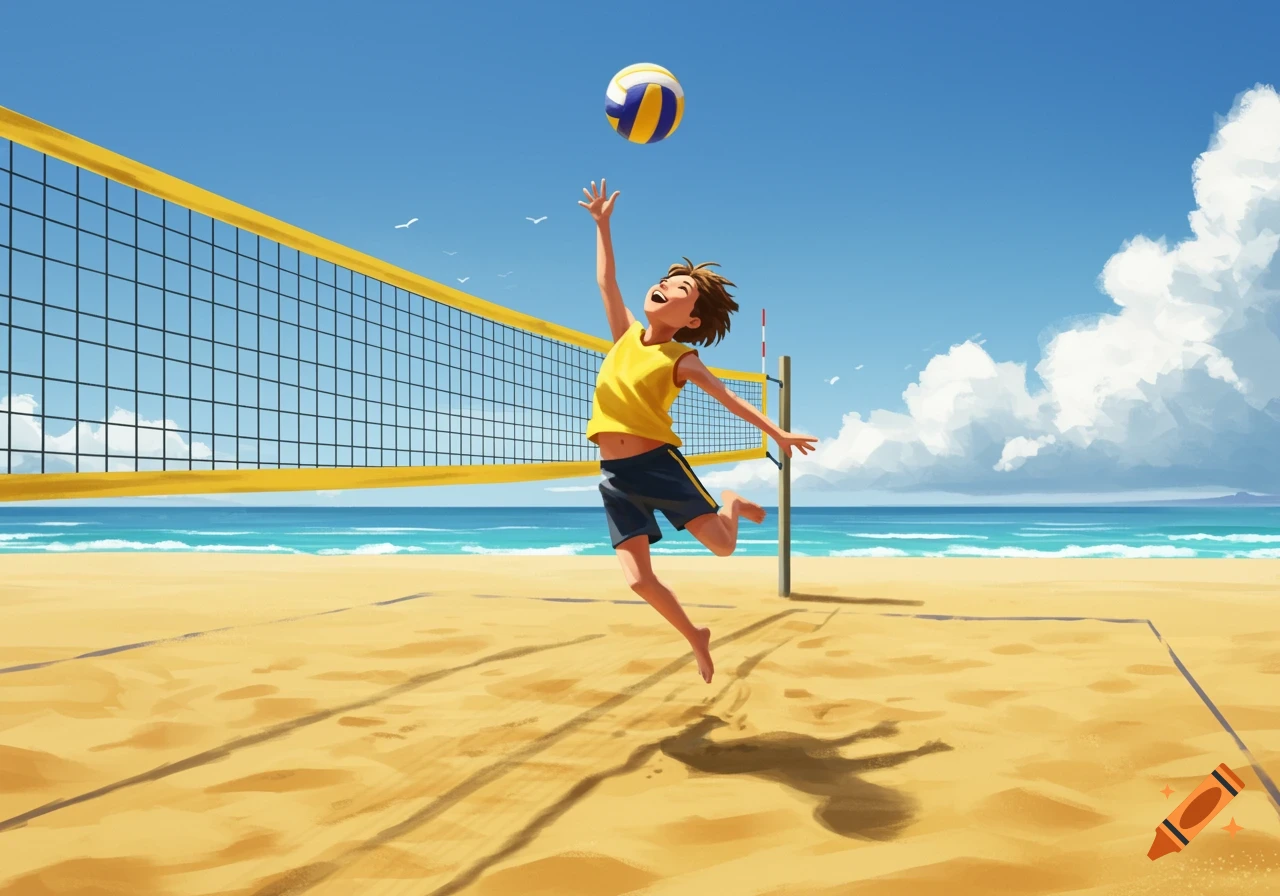 A joyful cartoon kid jumps to hit a volleyball over a net on a sunny beach, with the ocean in the background.