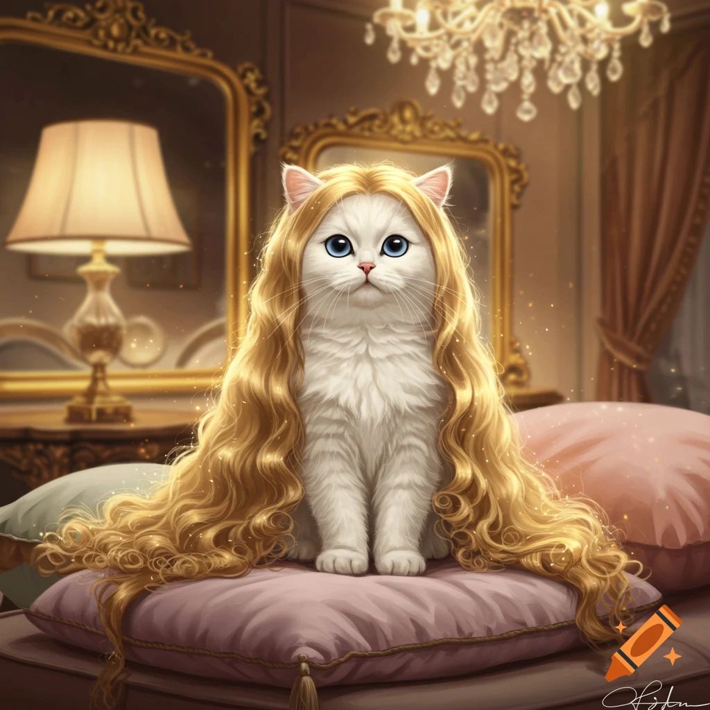 A white cat with blue eyes and long, golden, curly blonde hair sits on a pink pillow in a luxurious room.
