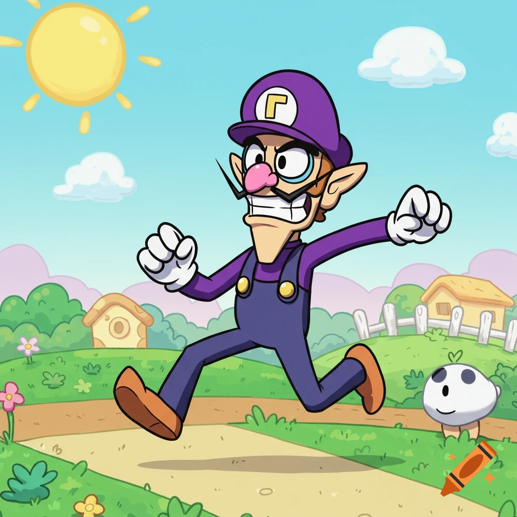 Waluigi running with an angry expression through a colorful cartoon landscape under a bright sun, in the Bluey art style.