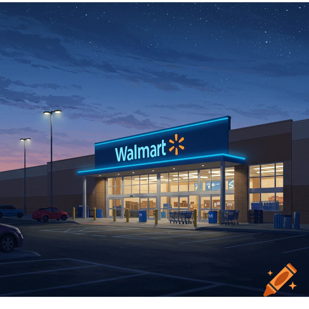 An illustrative view of a Walmart store at night, with its glowing sign, cars in the parking lot, and shopping carts.