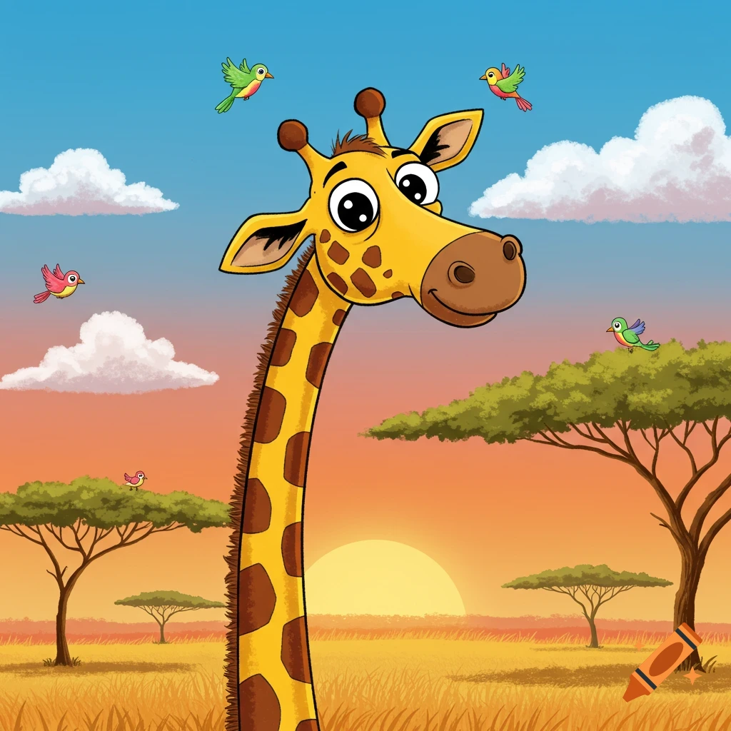 A cartoon giraffe smiling in a savanna at sunset with birds and acacia trees.