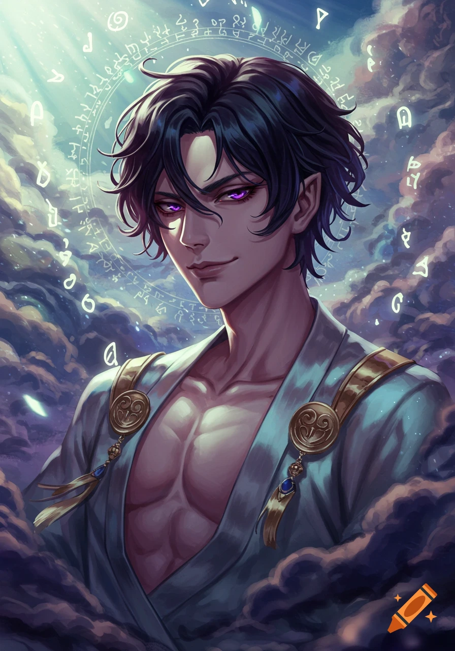 An anime godlike male with dark wavy hair and glowing purple eyes, smirks while wearing an open robe against a mystical cloud and symbol-filled sky.