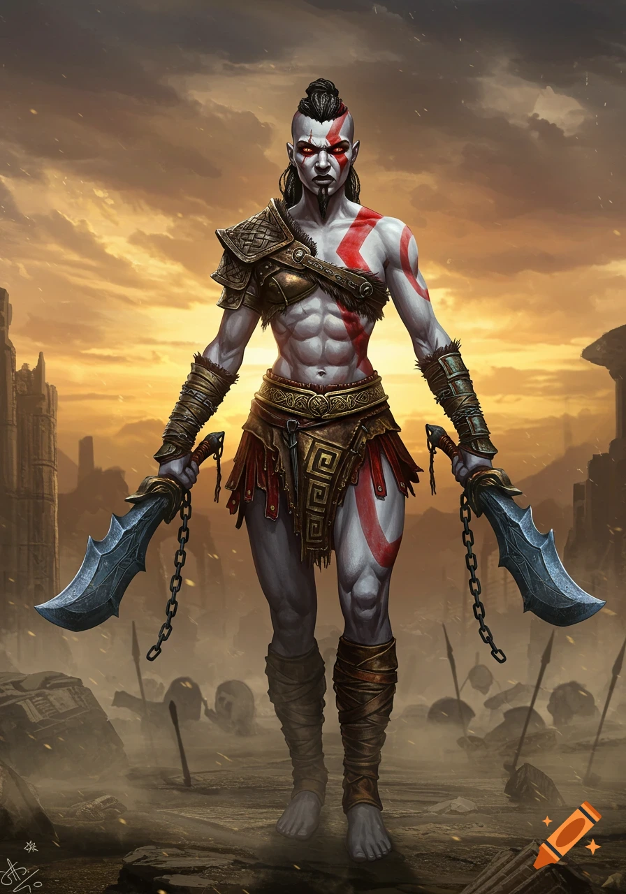 Muscular female warrior with red markings holds two chained blades in a desolate, destroyed landscape under an orange sky.