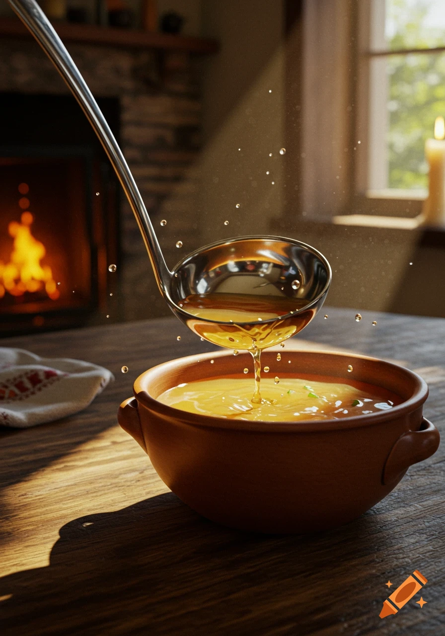 A close-up, photorealistic image of a ladle pouring golden soup into a terracotta bowl, with a fireplace and window in the background.