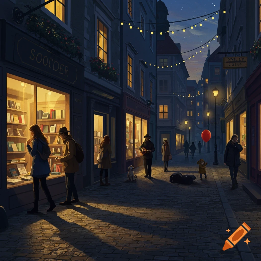 An atmospheric evening street scene with people browsing a brightly lit bookstore, string lights overhead, and a person playing a guitar.