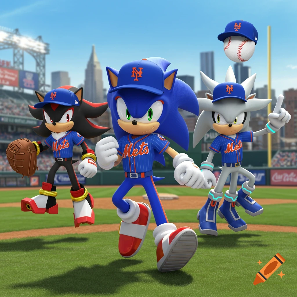 Sonic, Shadow, and Silver wearing blue and orange Mets baseball uniforms and caps on a baseball field.