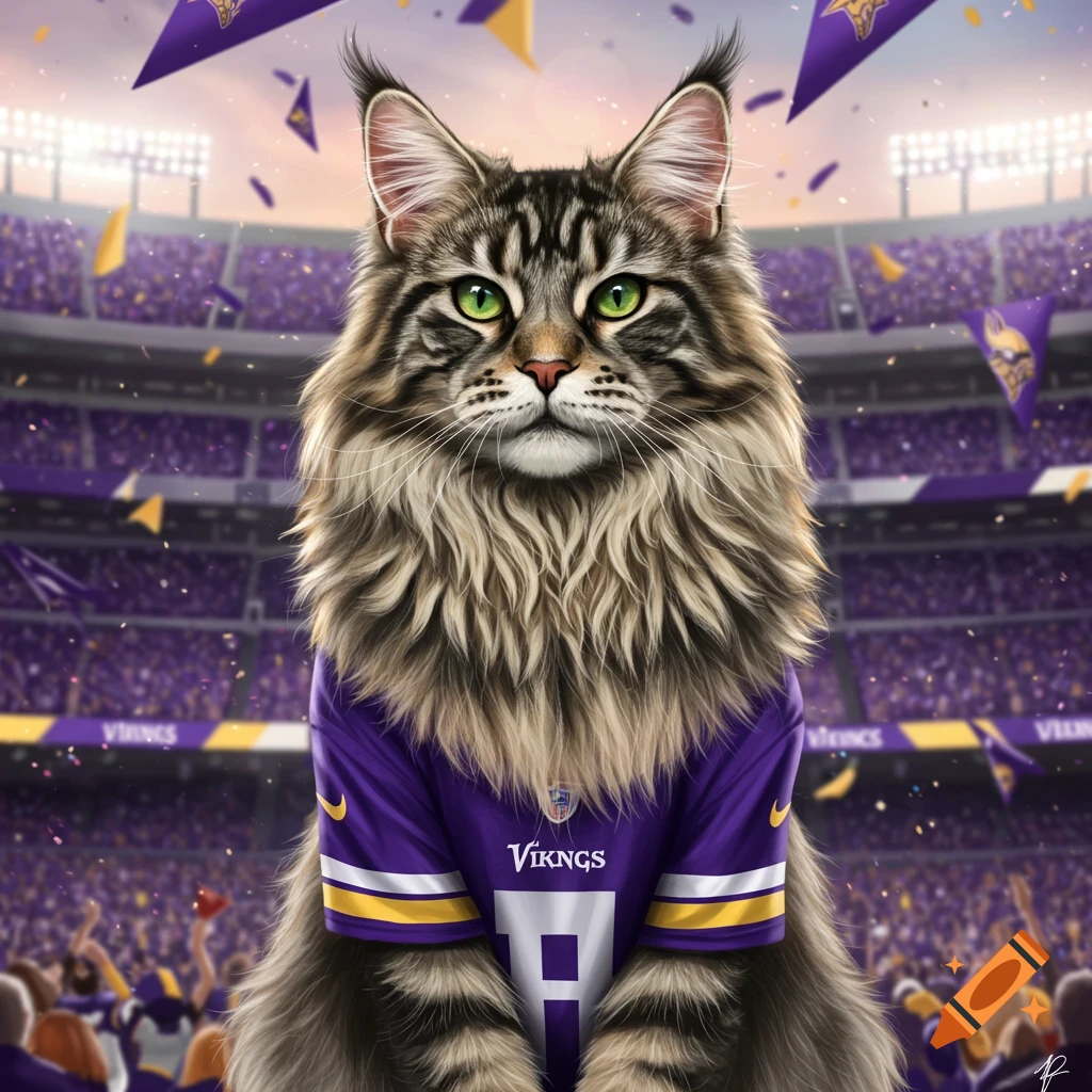 A photorealistic Maine Coon cat wearing a purple Minnesota Vikings jersey in a crowded football stadium.