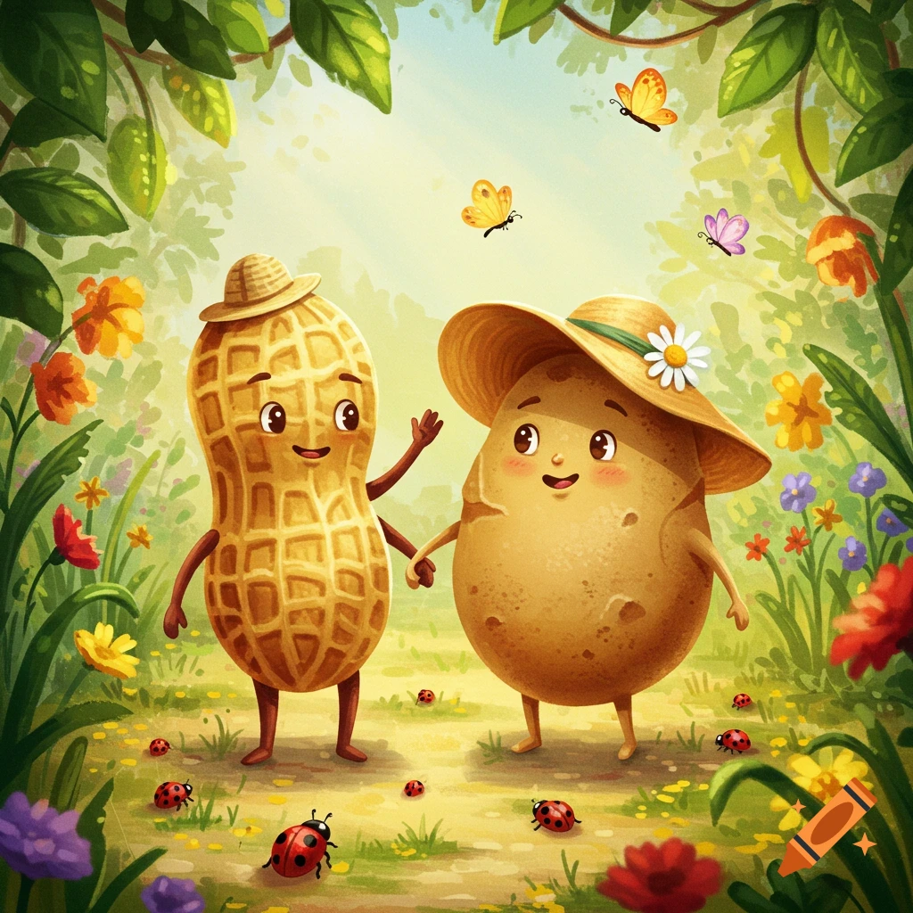 Whimsical illustration of a cartoon peanut and potato in hats holding hands in a sunny, flowery garden with butterflies and ladybugs.