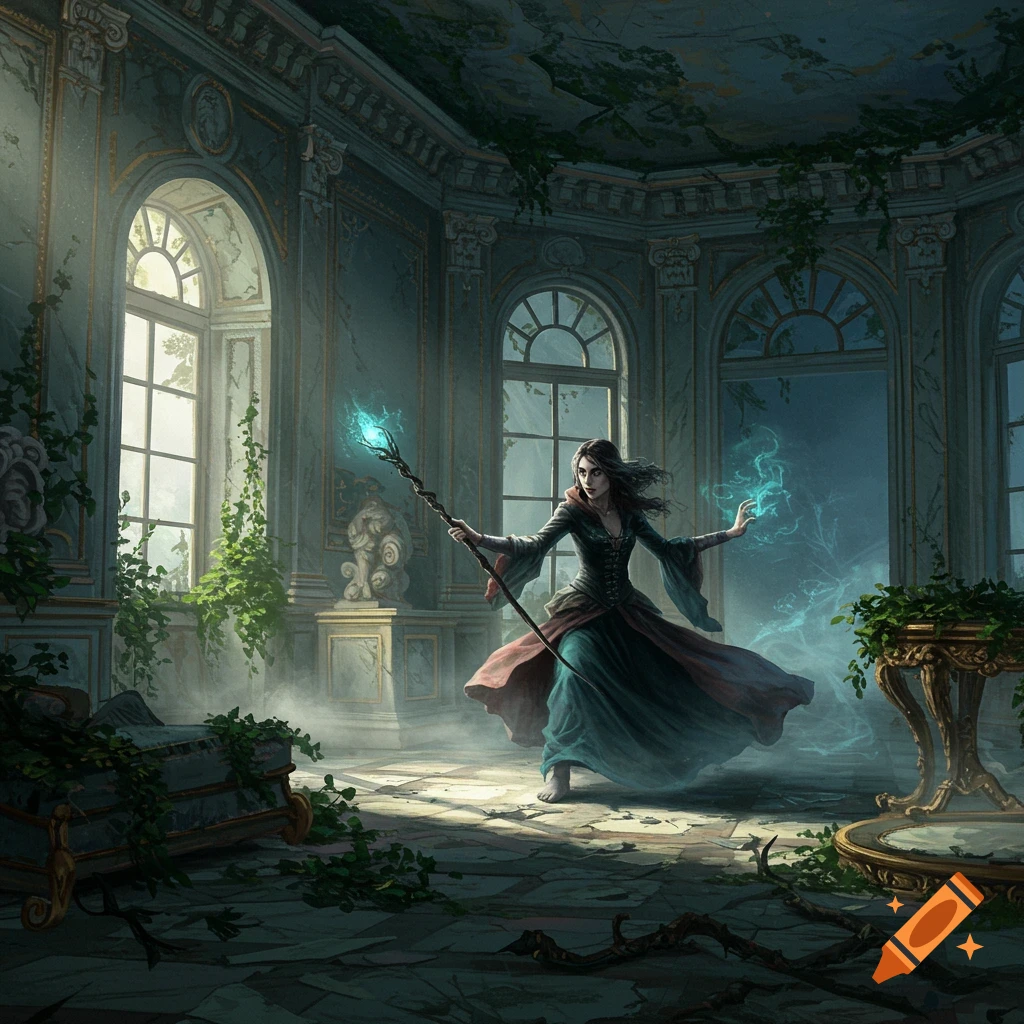 A sorceress with a glowing staff casts magic in a decaying rococo room with large windows and overgrown vines.