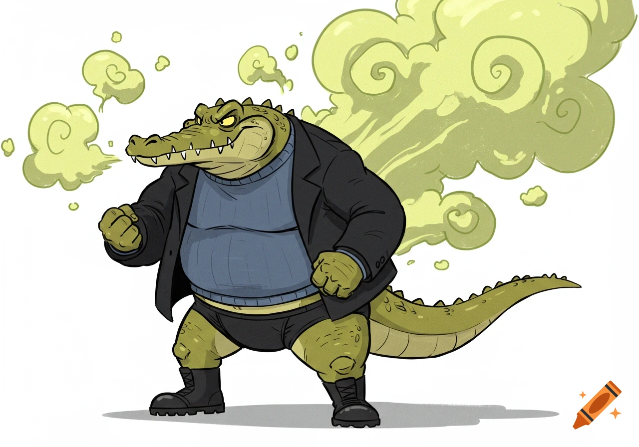 Cartoon crocodile in a sweater, jacket, briefs, and boots, with clenched fists, emitting green fumes from its rear and mouth.