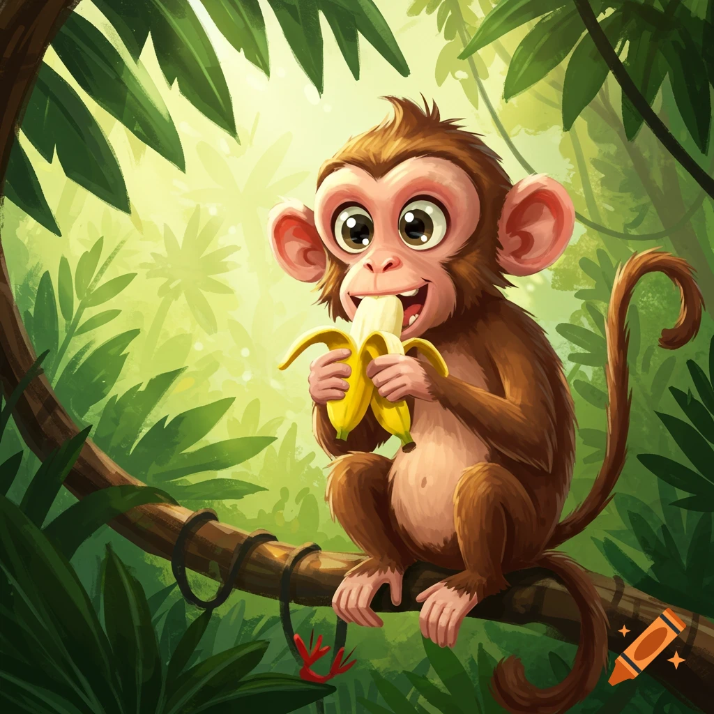 A cheerful cartoon monkey with big eyes sits on a branch, happily eating a peeled banana in a bright jungle.