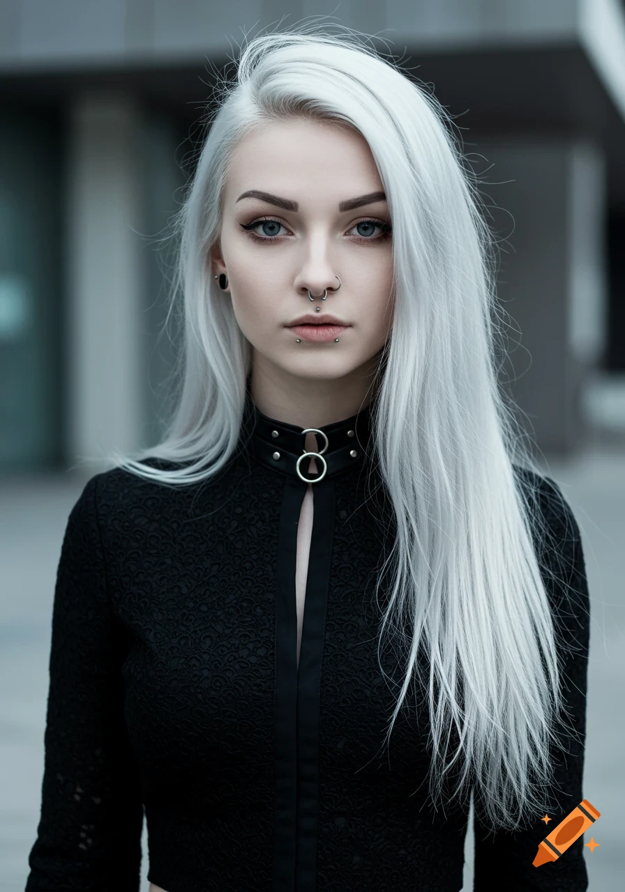 A close-up portrait of a woman with long white hair, pale skin, dark eyeliner, facial piercings, and a black choker.