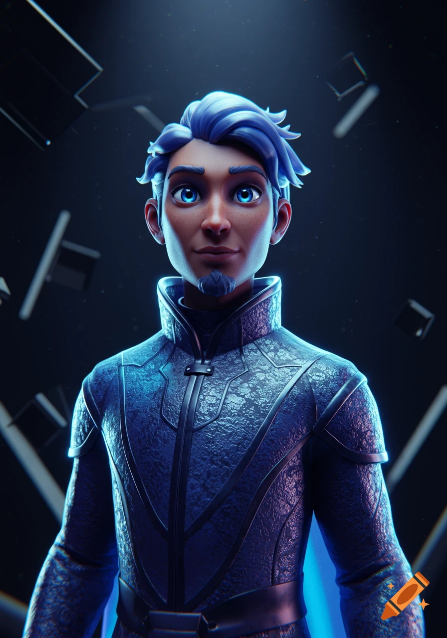 A 3D character with blue hair and glowing blue eyes, wearing a textured dark blue futuristic suit, against a dark background with abstract shapes.