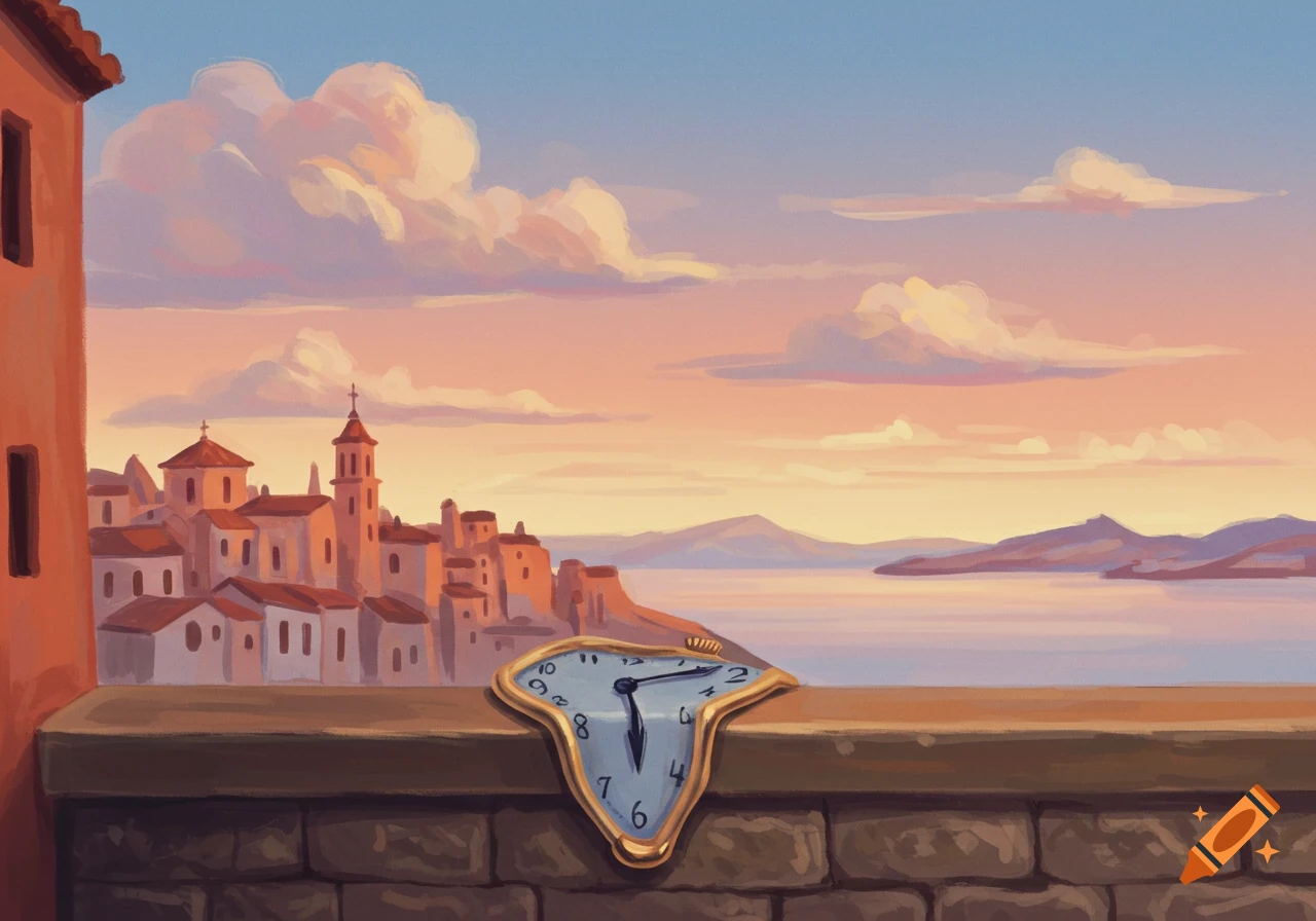 Pastel painting of a coastal town at sunset with a melting clock on a stone wall, reminiscent of Salvador Dali.