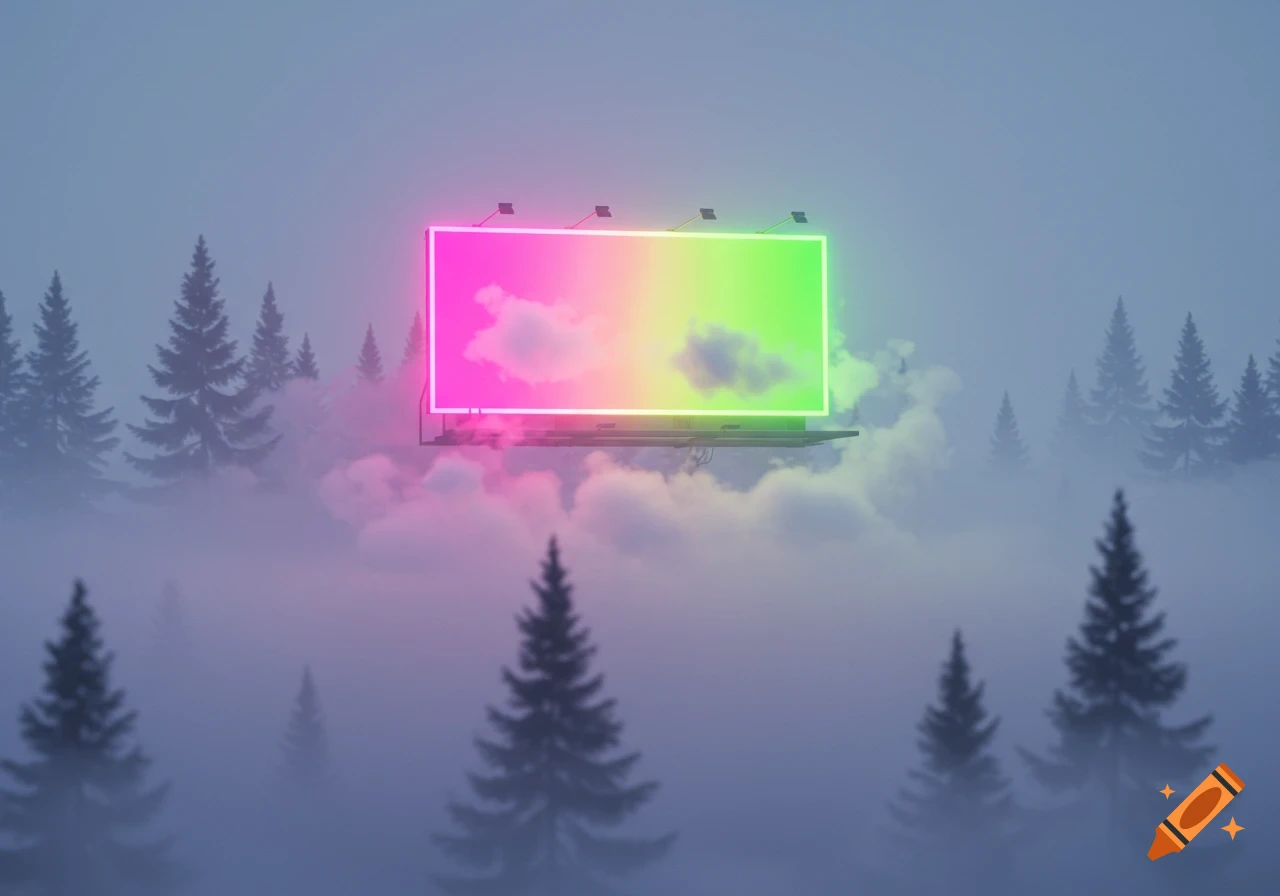 A vibrant pink and green neon billboard floats above a dense, foggy forest of pine trees, creating a surreal landscape.