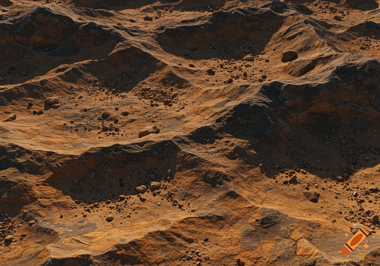 Detailed, high-angle view of a rugged, textured rocky and gravel surface with orange and gray tones, casting deep shadows.