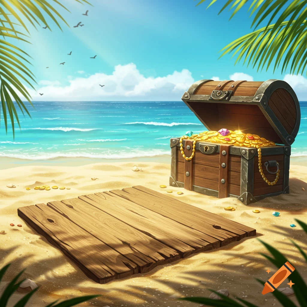 Stylized illustration of a pirate treasure chest overflowing with gold and gems on a sandy beach next to a wooden plank, framed by palm fronds.