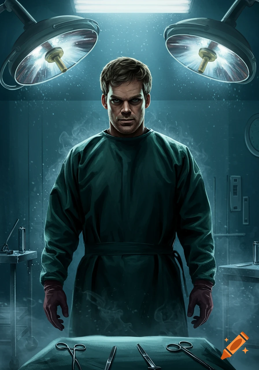 A man resembling Dexter in a green surgical gown stands intensely under surgical lights in a dark operating room, with instruments on a table. Digital art.