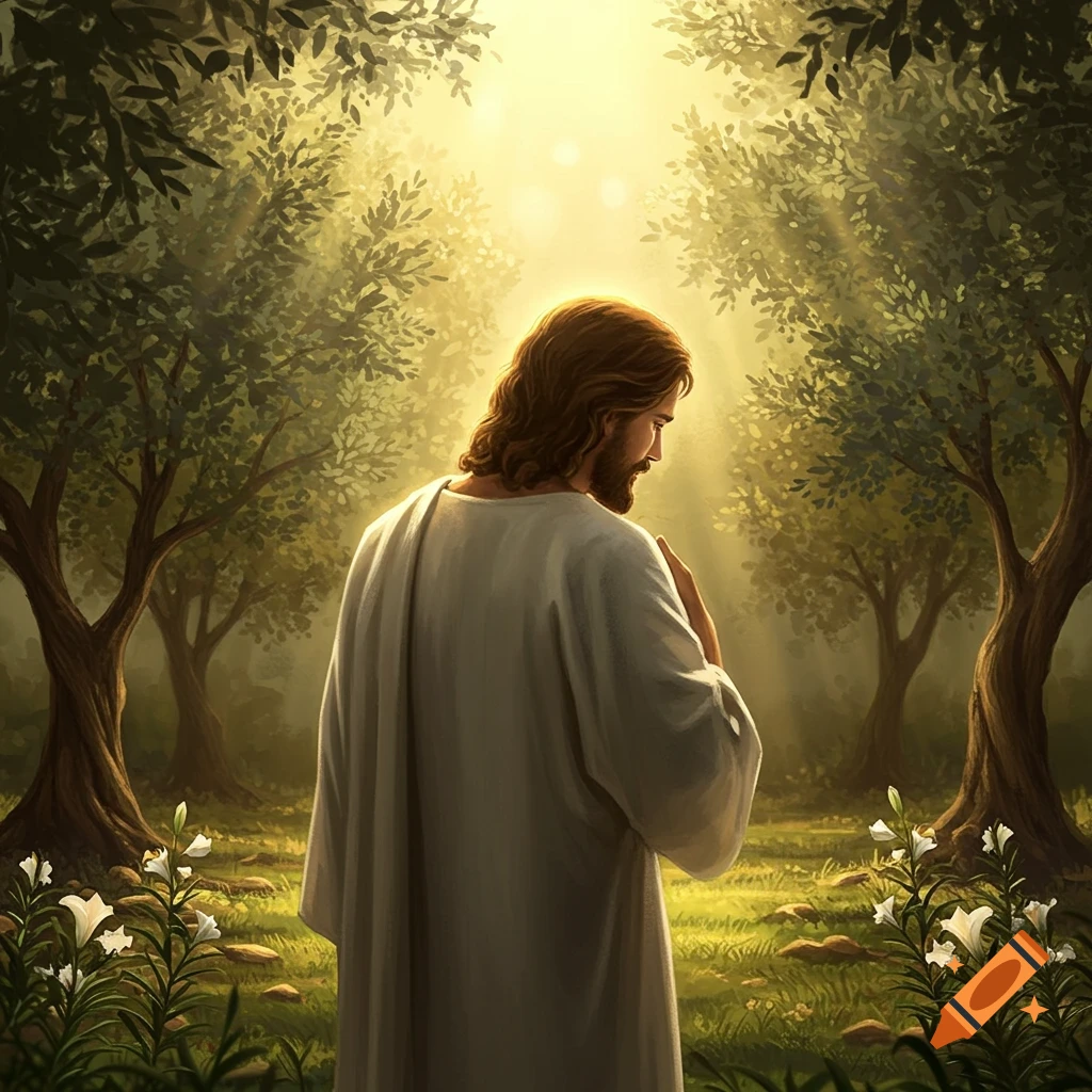 Digital painting of Jesus from behind, standing in a sunlit garden with trees and lilies, looking down in contemplation.