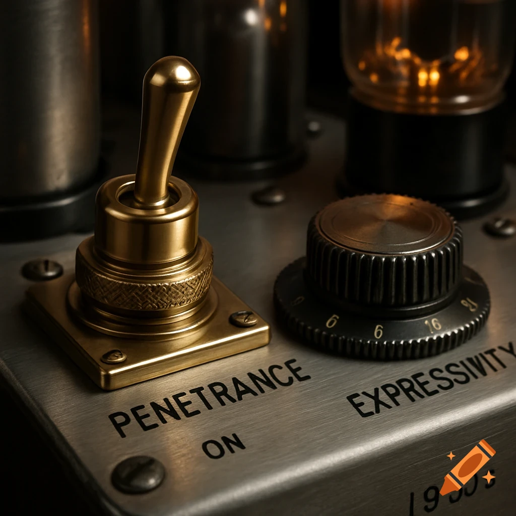 Photorealistic close-up of a vintage 1950s electronic panel with a golden toggle switch labeled 'PENETRANCE ON' and a large knob labeled 'EXPRESSIVITY'.