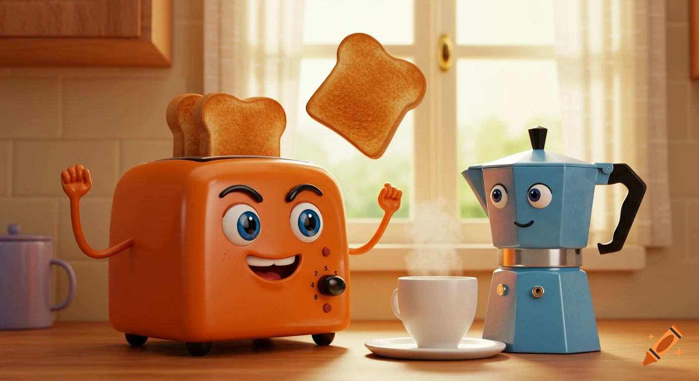 Cheerful anthropomorphic orange toaster and blue coffee maker with toast popping out in a bright Pixar-style kitchen scene.