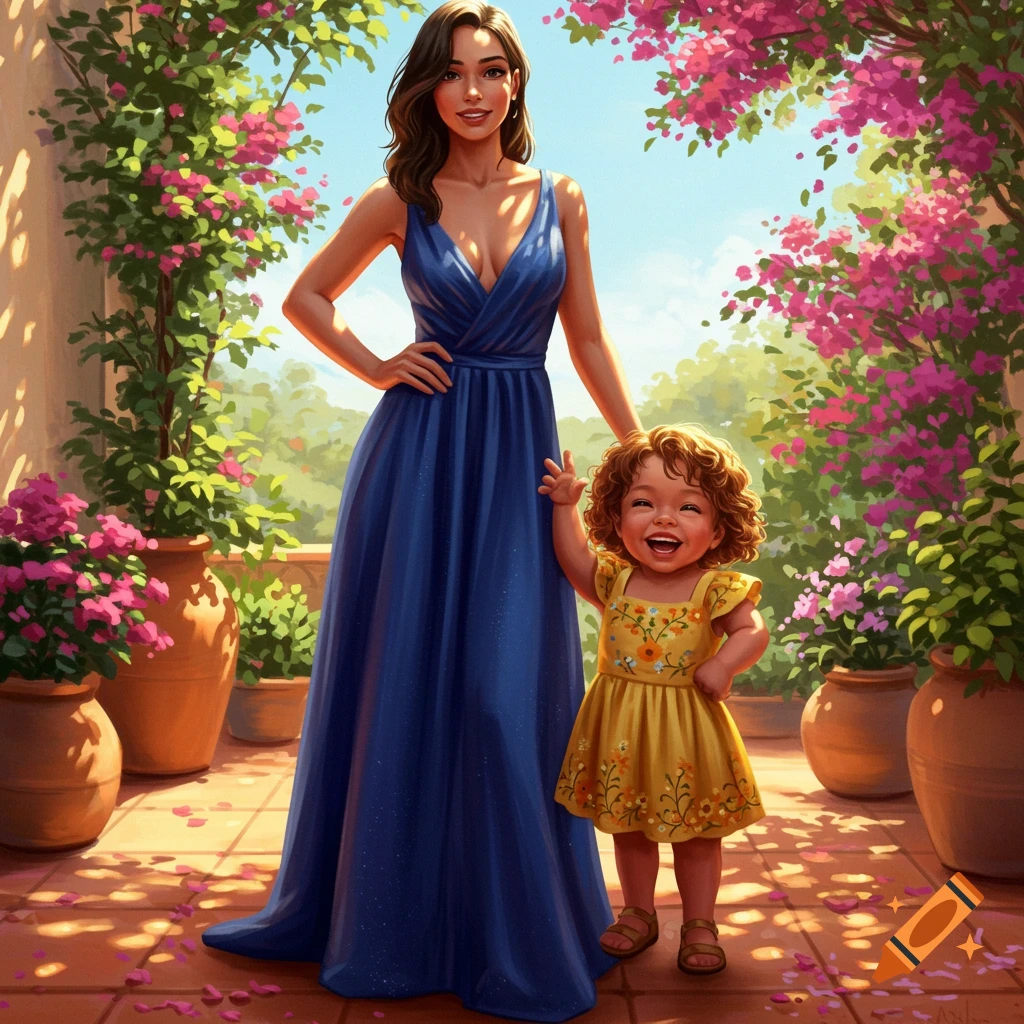 A smiling woman in a blue dress stands with a laughing child in a yellow dress on a sunny garden patio, surrounded by pink flowers. Digital art.