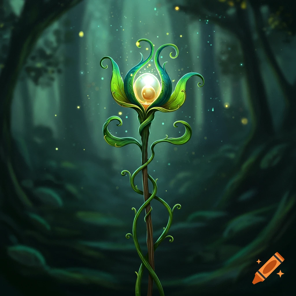 A glowing, vine-wrapped magical staff with a luminous seed at its top, standing in a mystical dark forest.