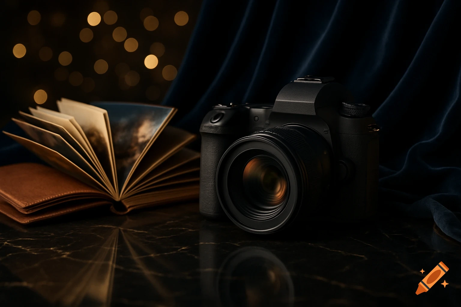 A dark, moody still life featuring a black camera next to an open book, with soft bokeh lights in the background, all on a reflective surface.