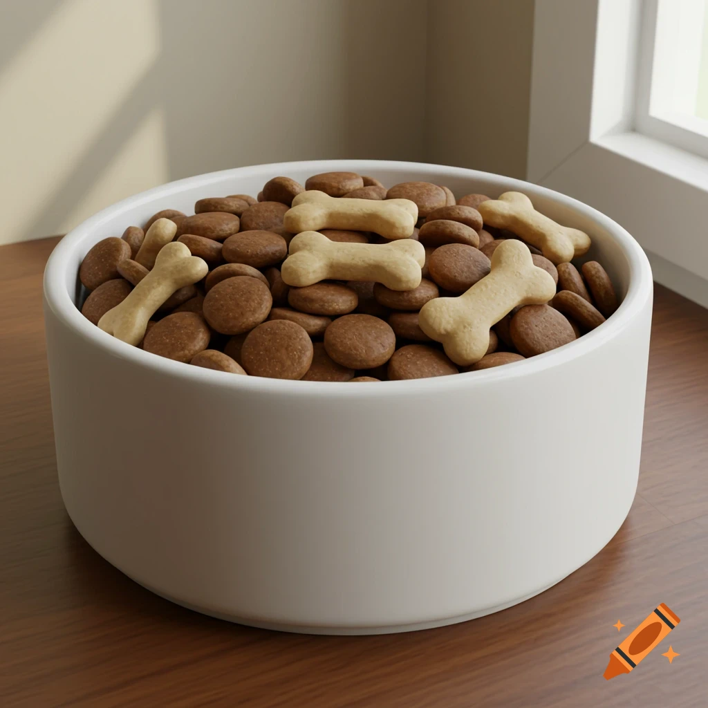 A white bowl filled with dry brown dog kibble and light tan bone-shaped dog treats, on a wooden table near a window.