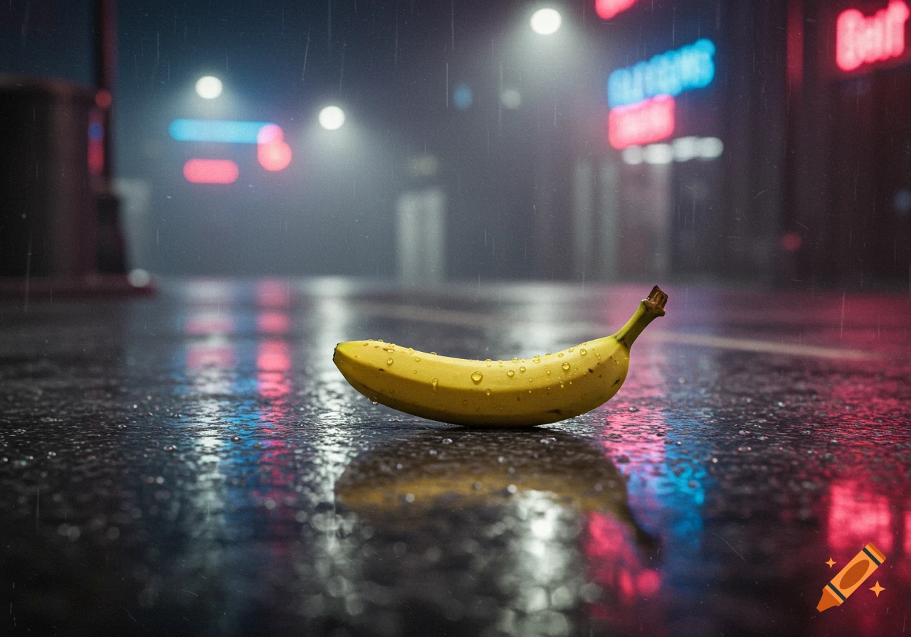 Photorealistic image of a single banana on a wet street at night with neon signs reflecting in the rain.