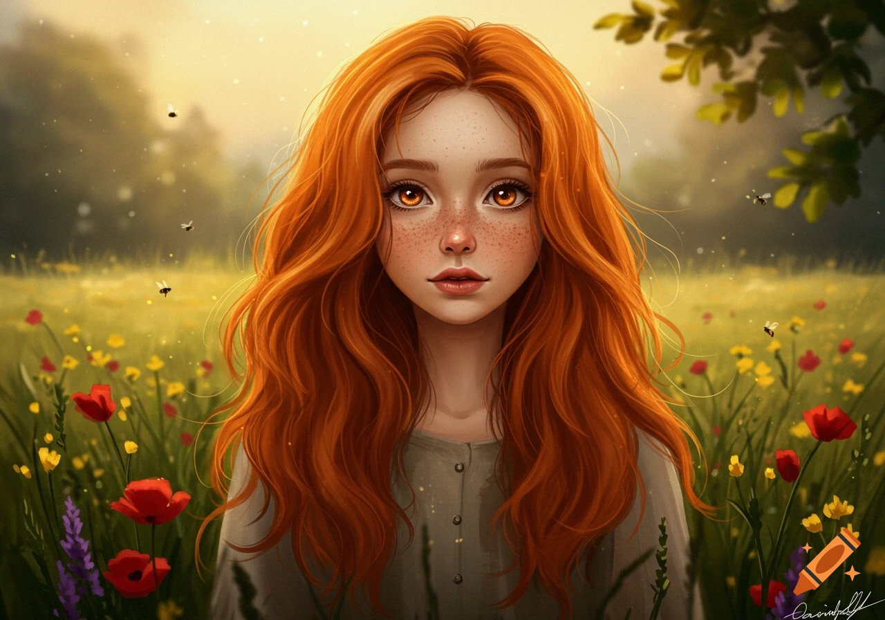 A stylized digital portrait of a young girl with long, wavy ginger hair, amber eyes, and freckles, set in a sunny field of wildflowers.