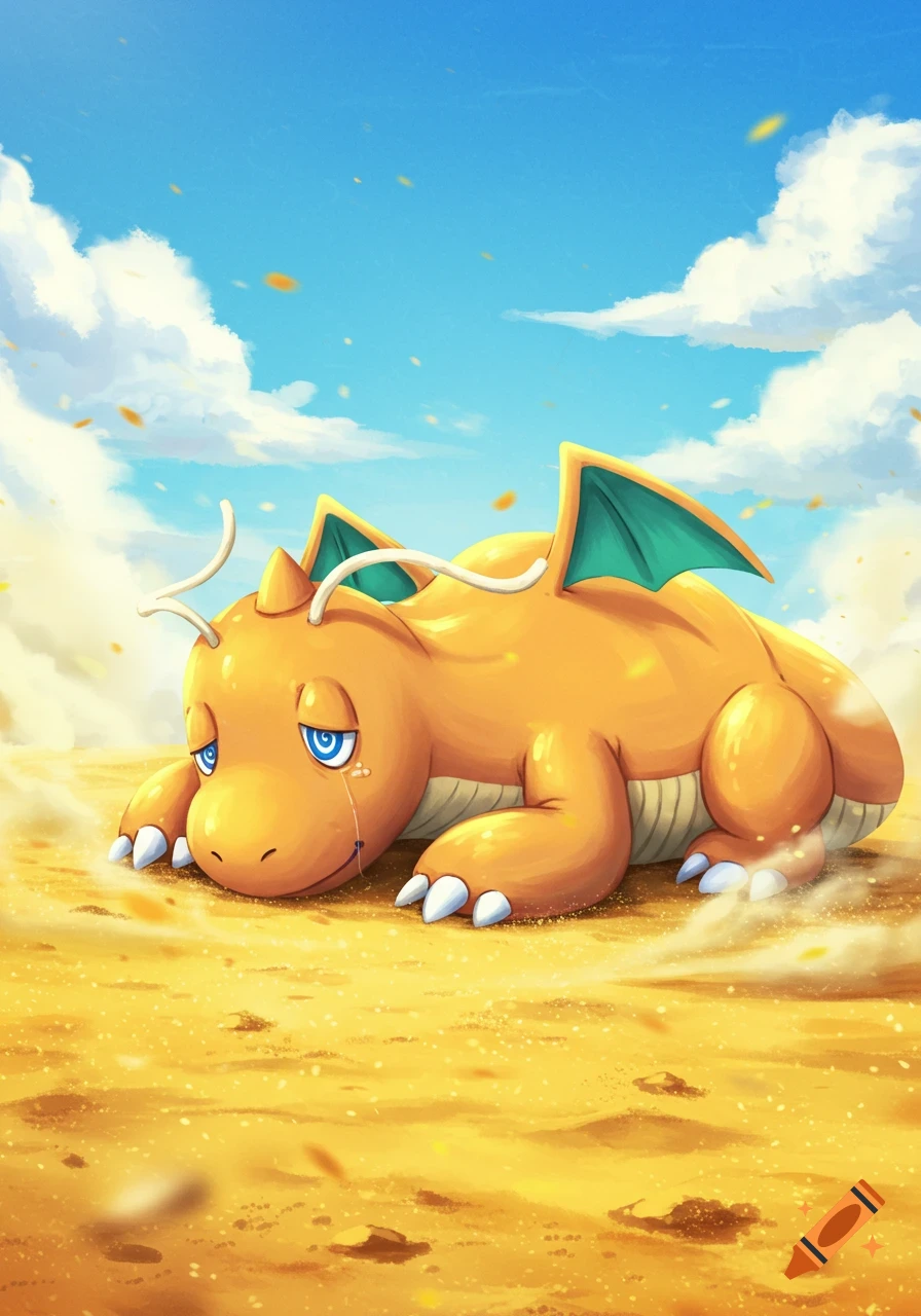 A sad, orange Dragonite, a dragon-like Pokémon, lies on yellow sand under a blue sky with white clouds. It has a tear under its eye.
