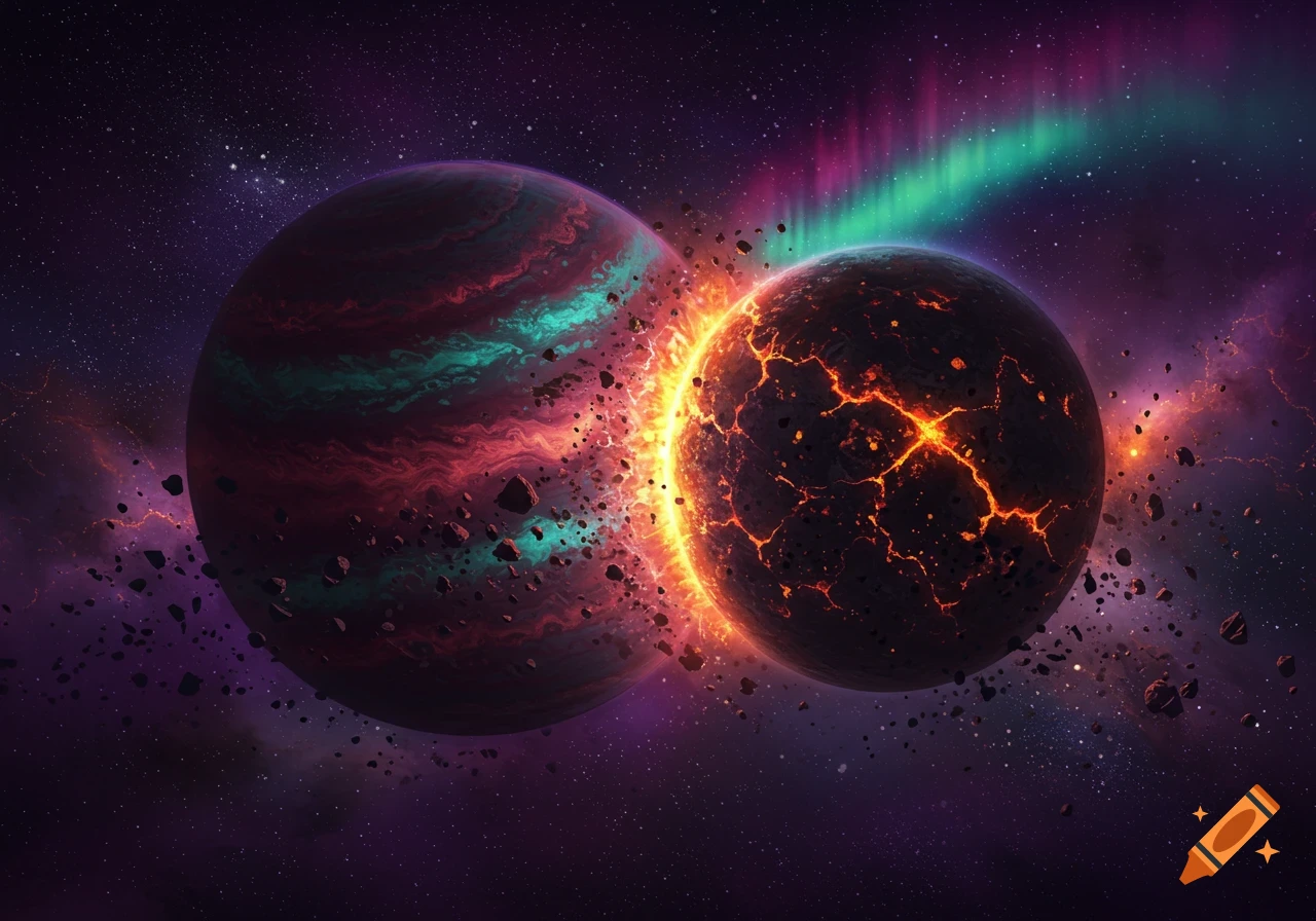 Two planets collide in deep space, one erupting with fiery cracks, the other a swirling gas giant, under a vibrant aurora.
