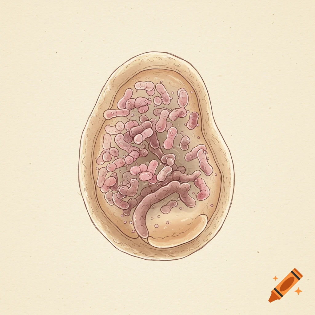 A hand-drawn illustration of a lysosome, an oval-shaped cellular organelle filled with numerous pinkish, irregular structures.
