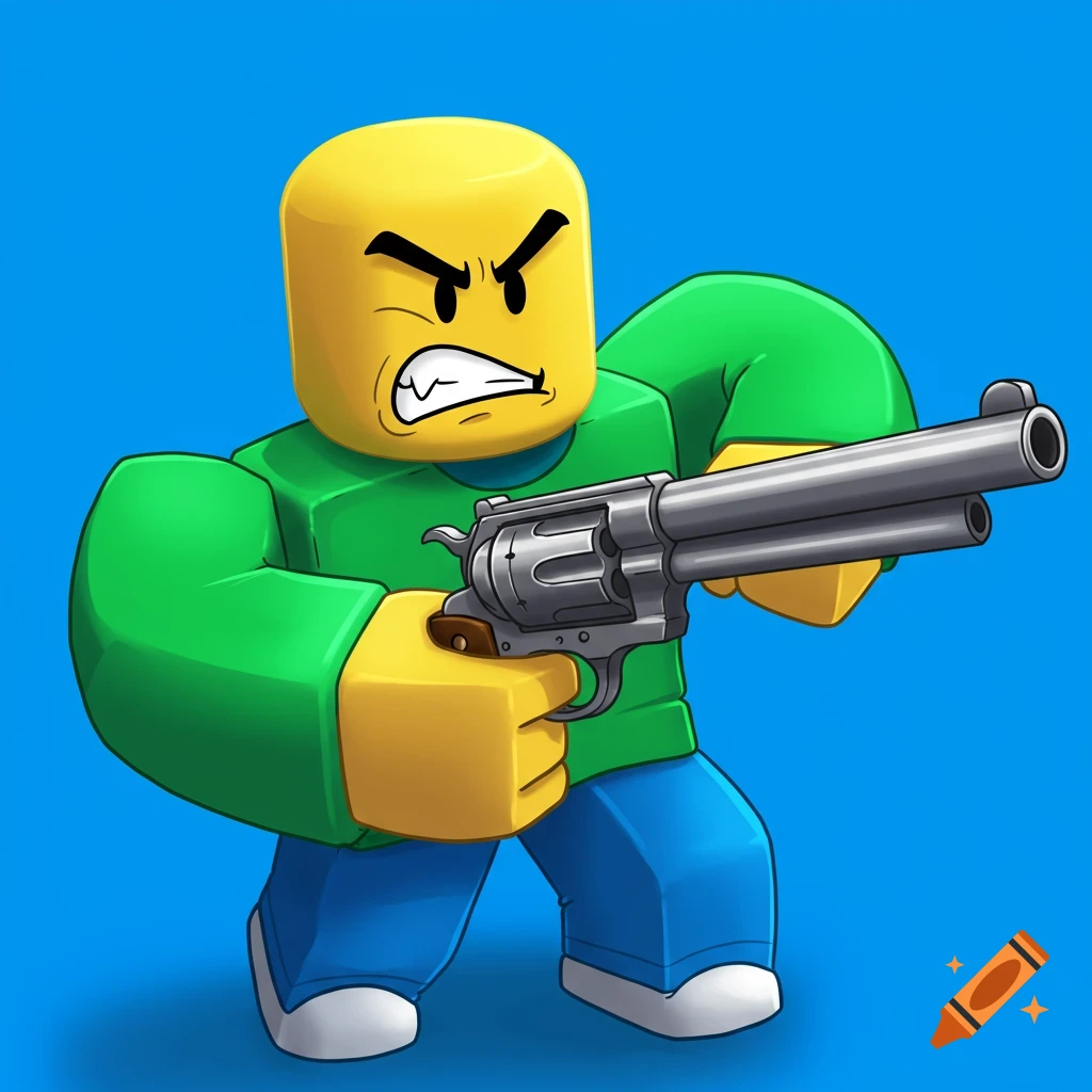 A cartoon Roblox noob character with an angry face, holding a revolver, on a blue background.