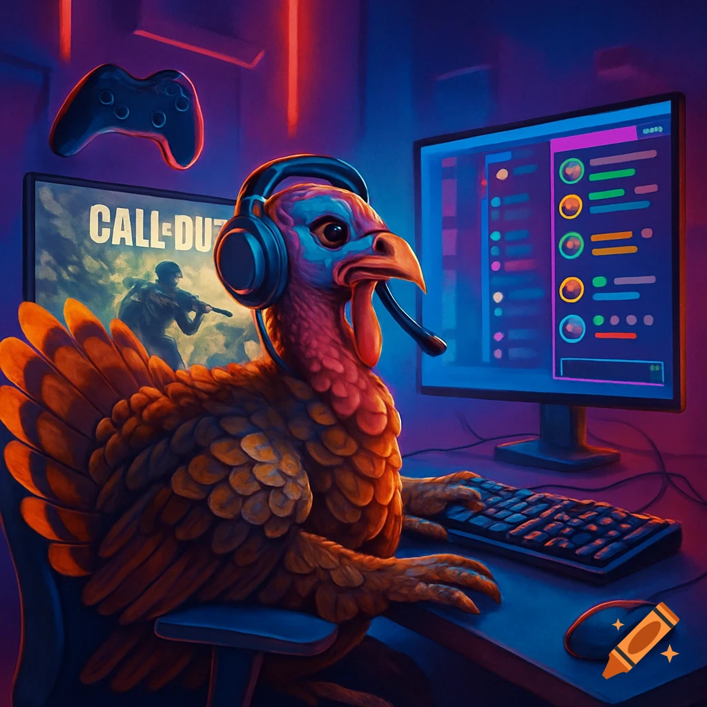 A turkey wearing a gaming headset sits at a desk, playing 'Call of Duty' on a monitor with a Twitch chat display, bathed in neon light.