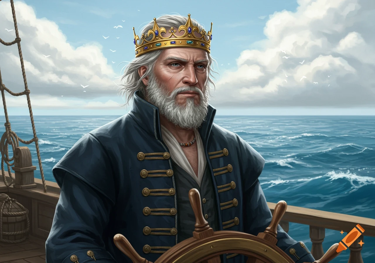 A stern, gray-bearded man wearing a gold crown and a blue captain's coat stands at a ship's wheel on a choppy sea under a cloudy sky.