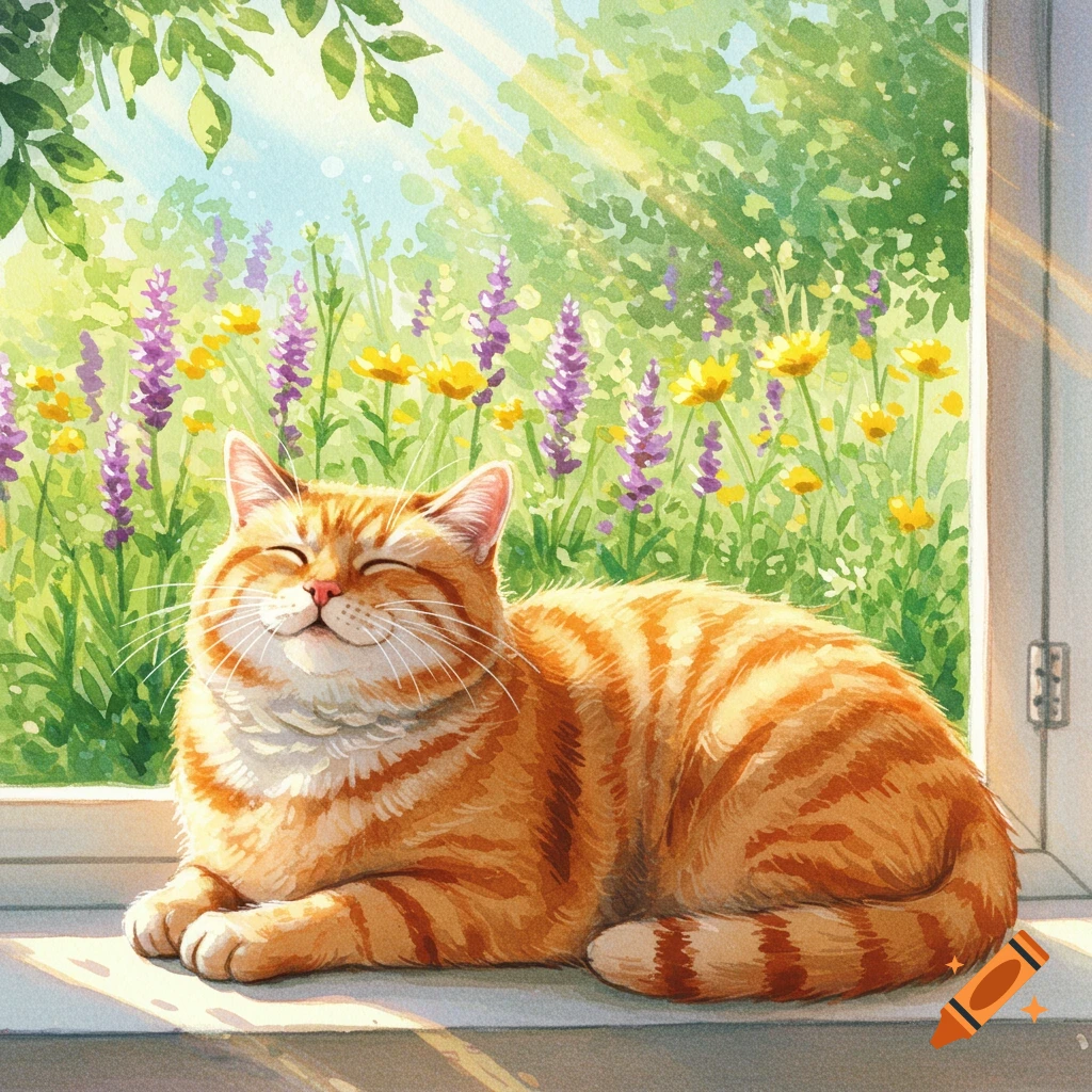 A watercolor painting of a happy, chunky orange tabby cat resting on a sunlit windowsill, with purple and yellow flowers visible outside.