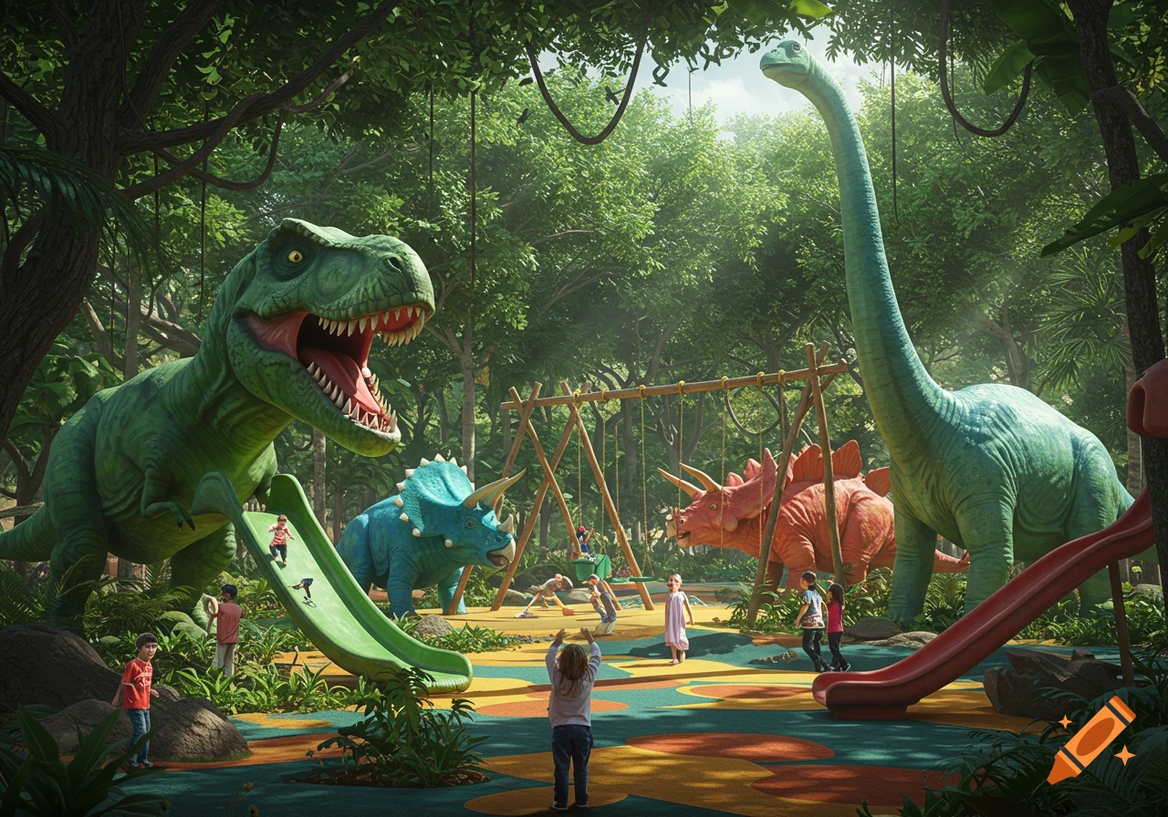 Children play in a realistic, lush dinosaur-themed park with large dinosaur statues, slides, and swings.