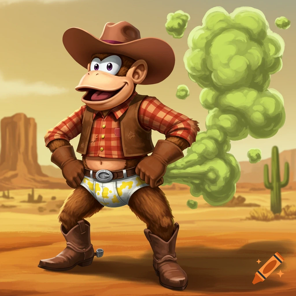 Cartoon Diddy Kong dressed as a cowboy in a desert, with green fumes wafting from his rear.