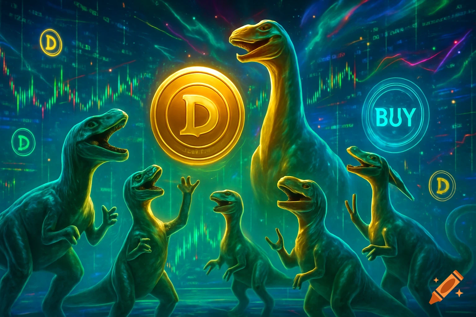 Several green dinosaurs roar excitedly around a large golden coin with a 'D' symbol, set against a background of glowing stock market charts and a neon 'BUY' button.