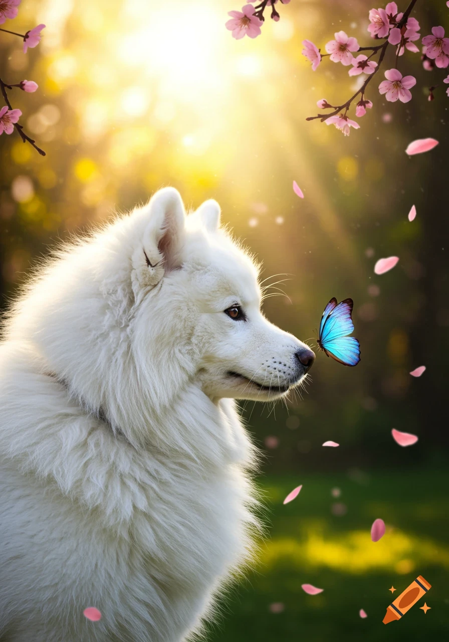 A fluffy white Samoyed dog looks at a vibrant blue butterfly perched on its nose, surrounded by blooming pink cherry blossoms and golden sunlight.
