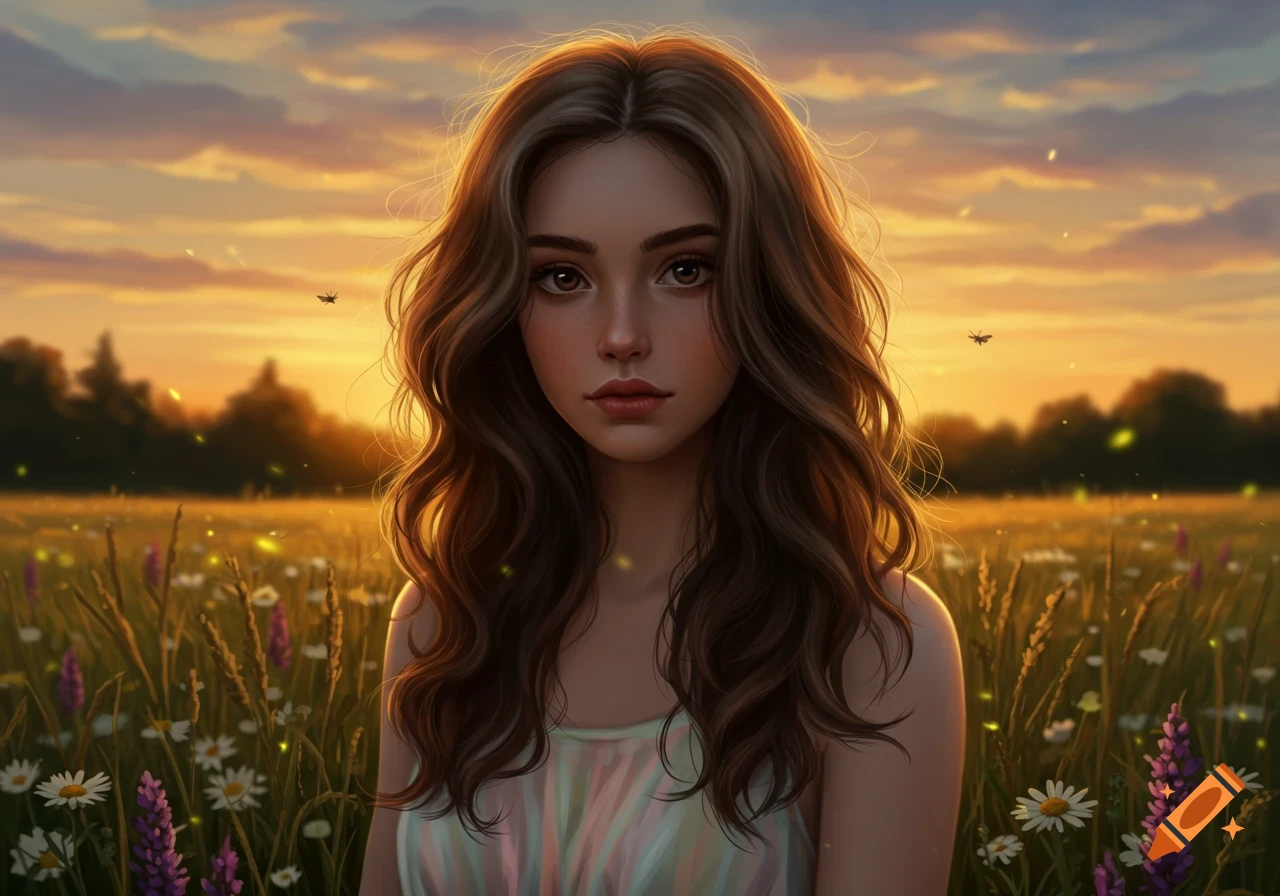 A young woman with long brown wavy hair stands in a field of wildflowers at sunset, in a digital art style.